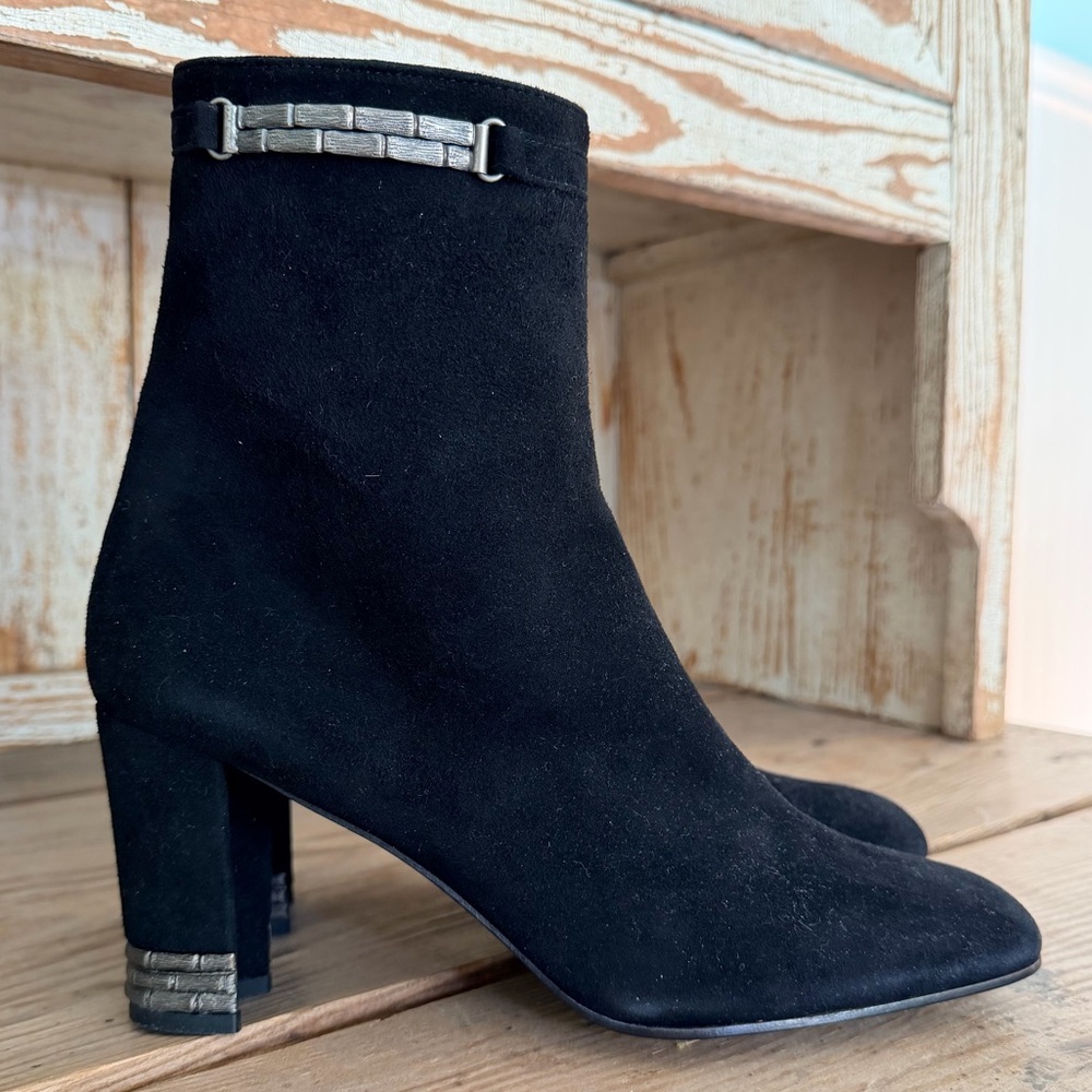 Stuart Weitzman Black Suede Heeled Boots with Silver Bamboo Detail NWOT 8.5 N